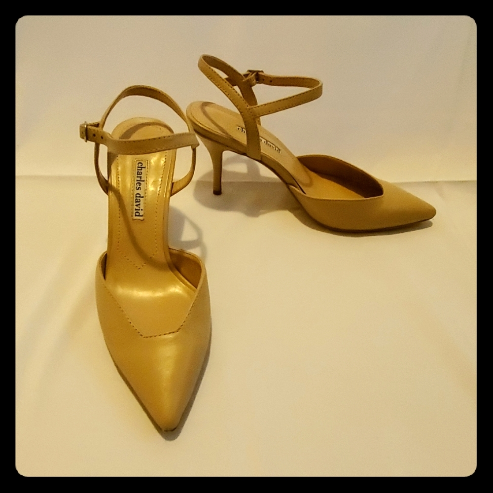 Nude leather point toe pumps ankle strap